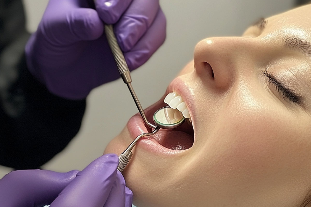 Dentist checking an adult patient's teeth