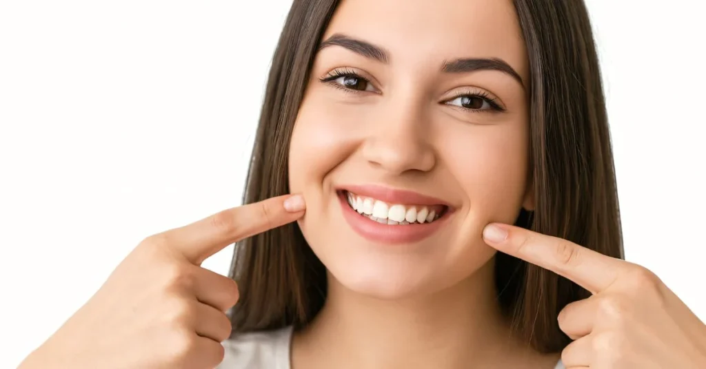Woman smiling and pointing at teeth showing natural healthy smile results