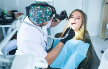 Dentist examining patient for same day tooth extraction procedure
