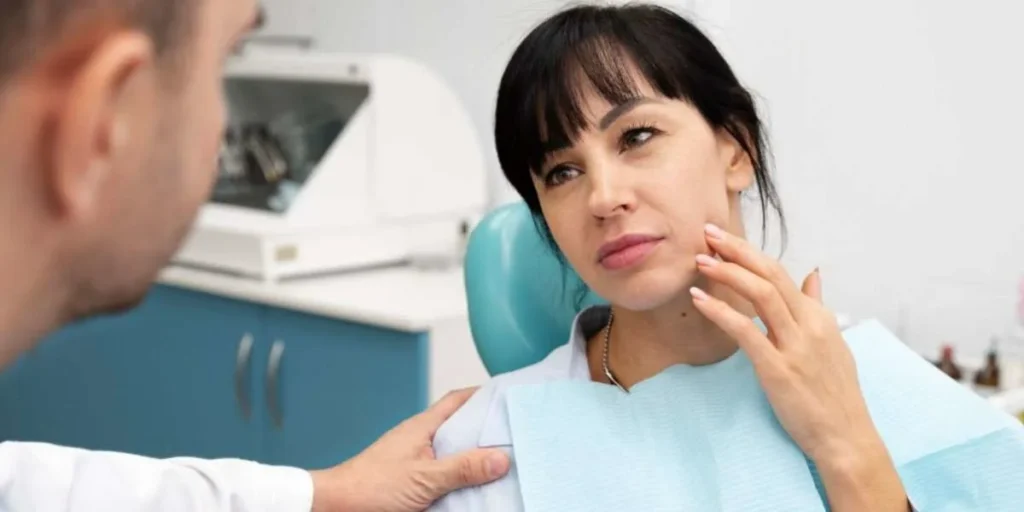 Woman speaking with emergency dentist about tooth pain