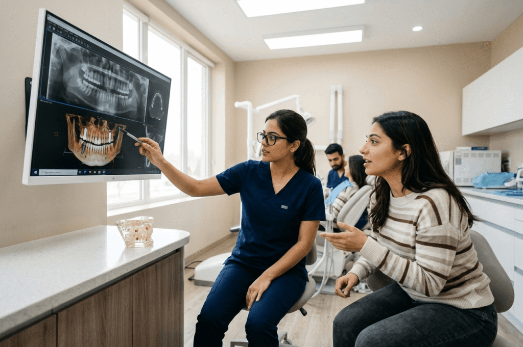 Dentist reviewing dental X-rays