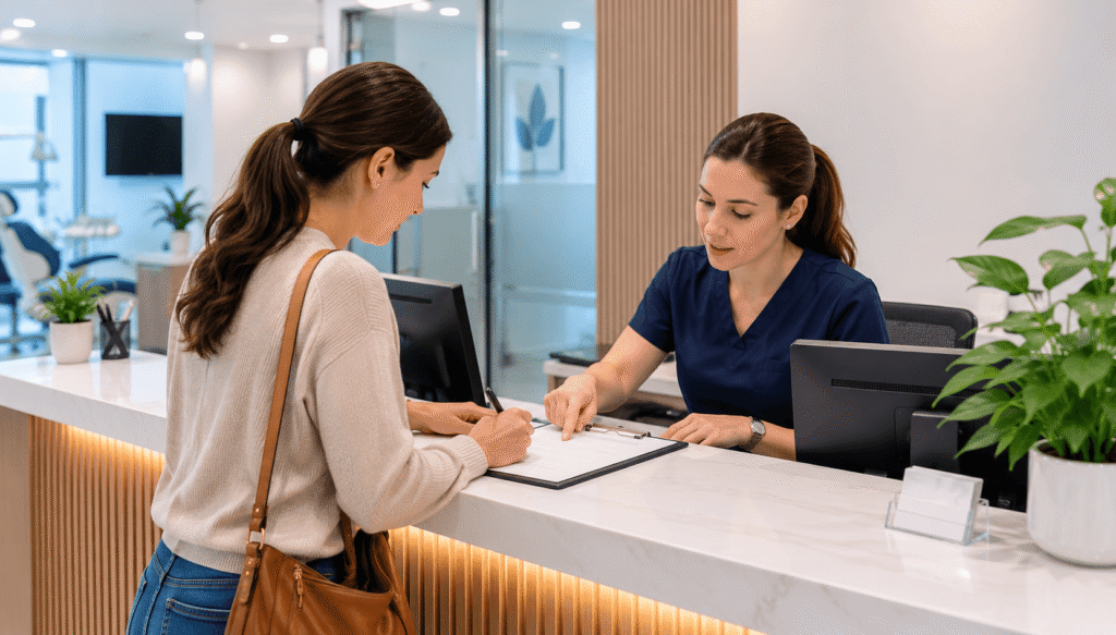 Patient checking in at dental reception