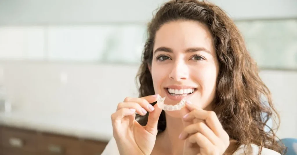 Woman smiling while holding clear Invisalign aligner