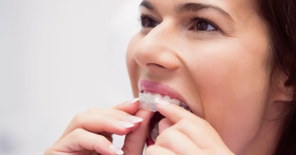 Woman putting a clear Invisalign aligner on teeth